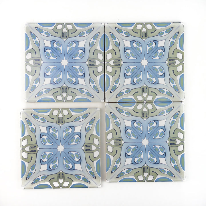 "Suzanne" muted green blue art deco tiles -  FIRED INK Version