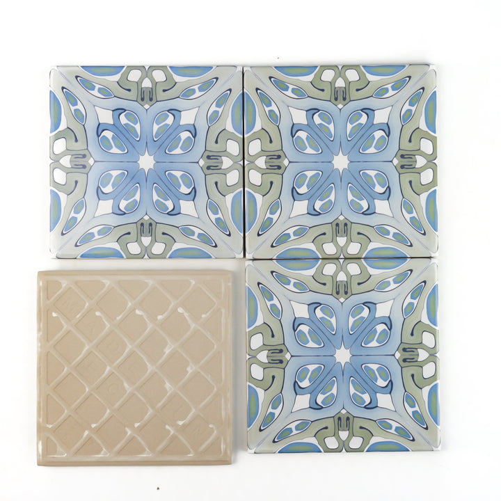 "Suzanne" muted green blue art deco tiles -  FIRED INK Version