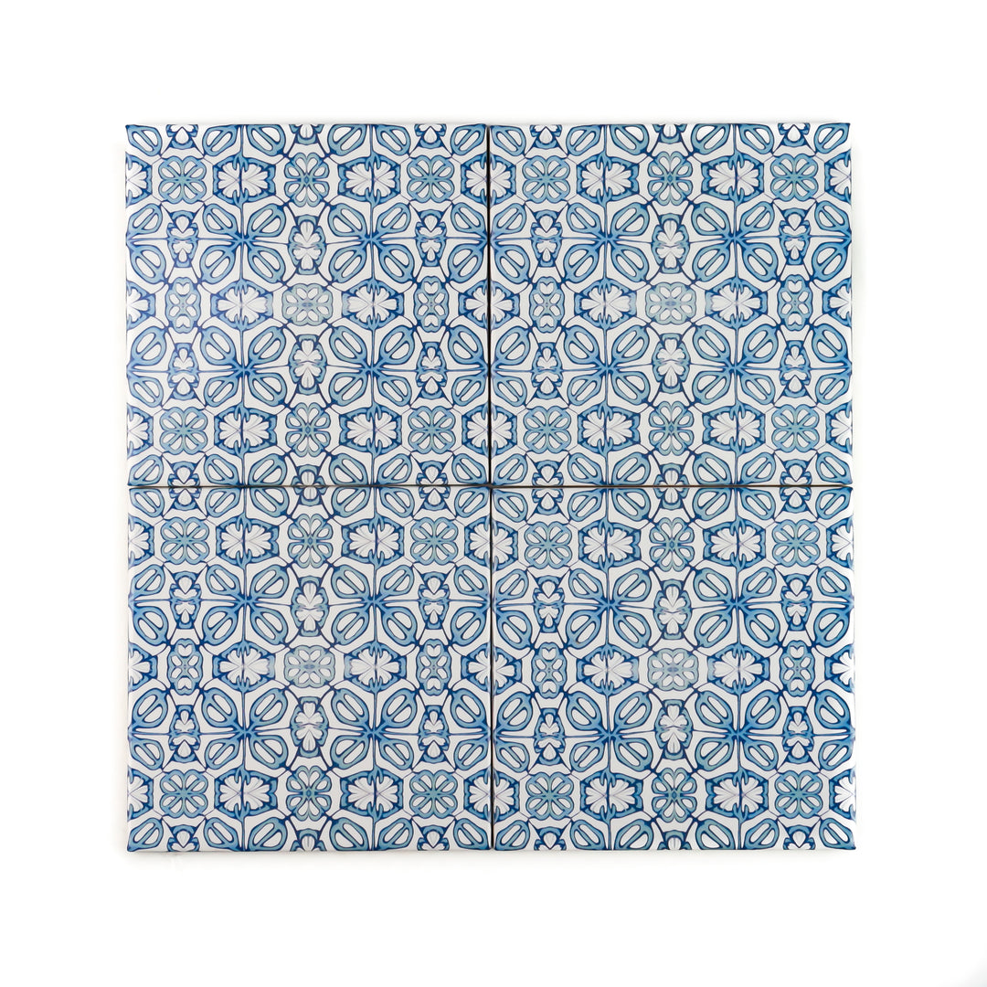 Blue Turkish Flower tiles - mid blue and white -  FIRED INK Version