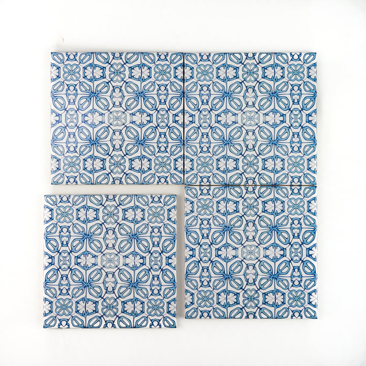 Blue Turkish Flower tiles - mid blue and white -  FIRED INK Version