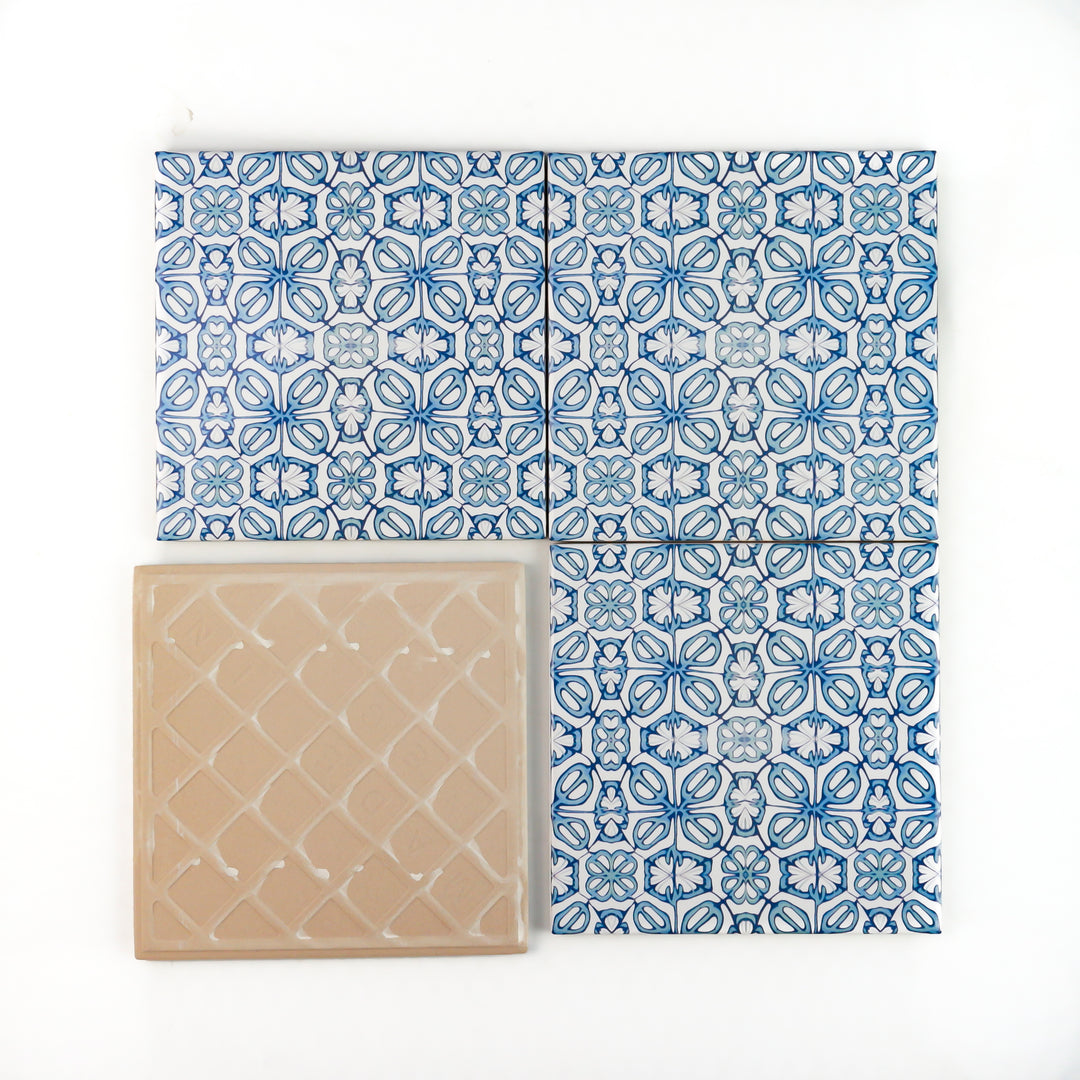 Blue Turkish Flower tiles - mid blue and white -  FIRED INK Version