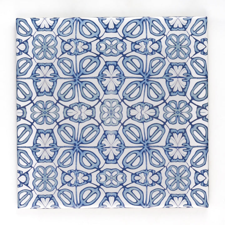 Blue Turkish Flower tiles - mid blue and white -  FIRED INK Version