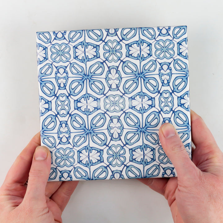 Blue Turkish Flower tiles - mid blue and white -  FIRED INK Version