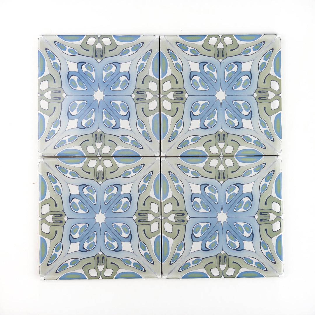 "Suzanne" muted green blue art deco tiles -  FIRED INK Version