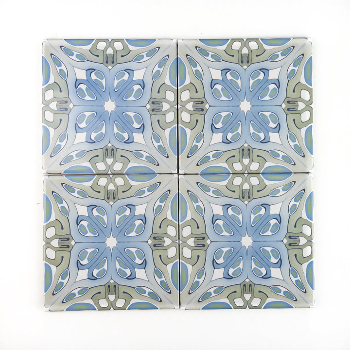 "Suzanne" muted green blue art deco tiles -  FIRED INK Version