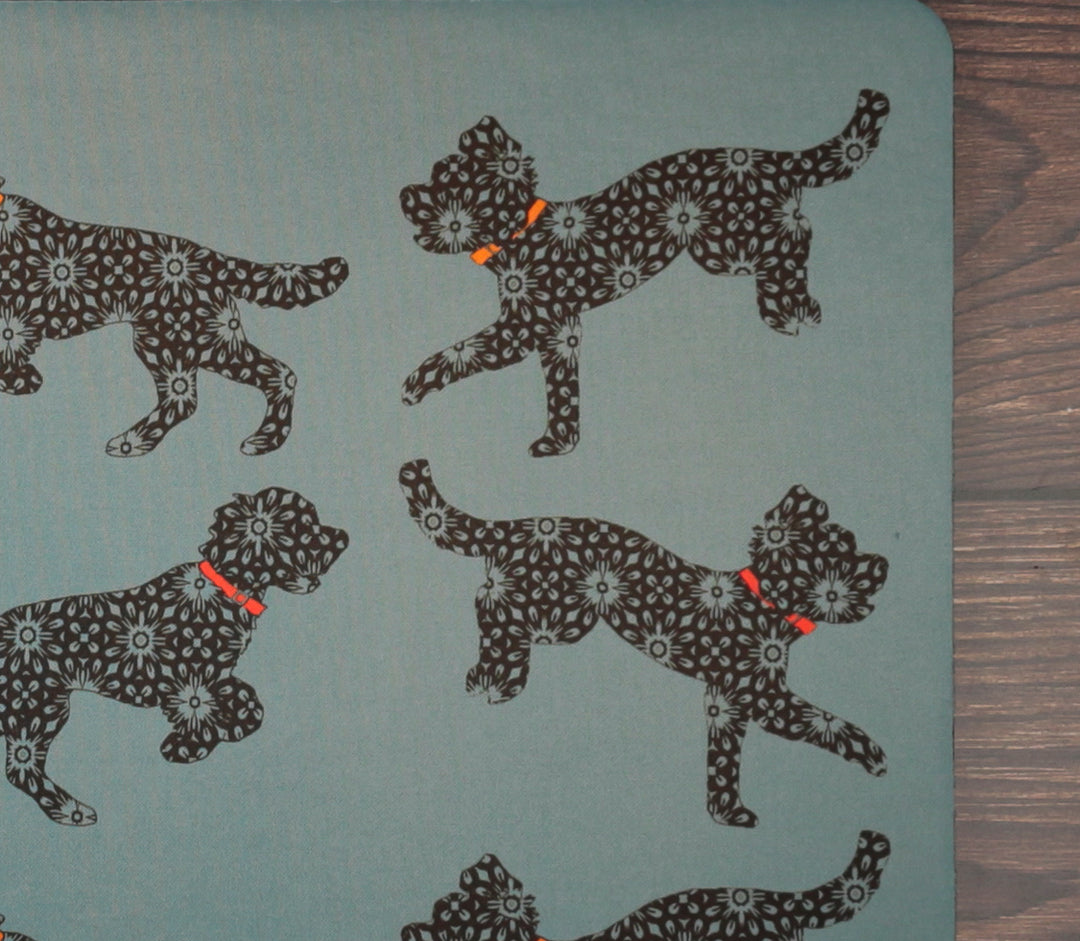 Bounding Cockapoo Pet Food Mat - Grey / Red / Orange