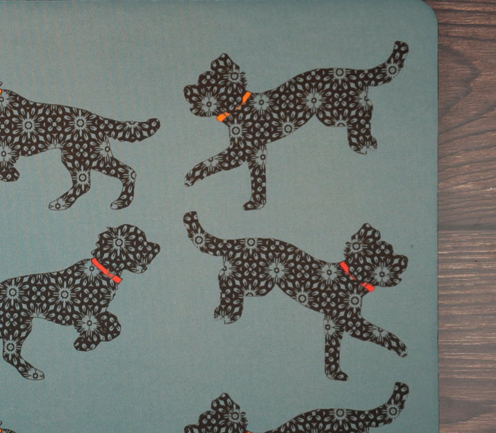 Bounding Cockapoo Pet Food Mat - Grey / Red / Orange