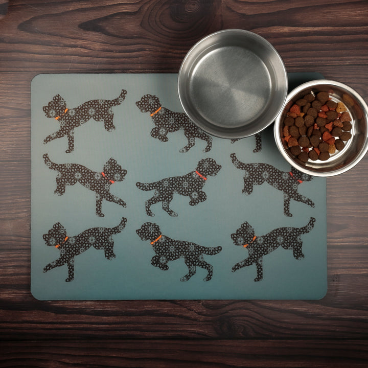 Bounding Cockapoo Pet Food Mat - Grey / Red / Orange