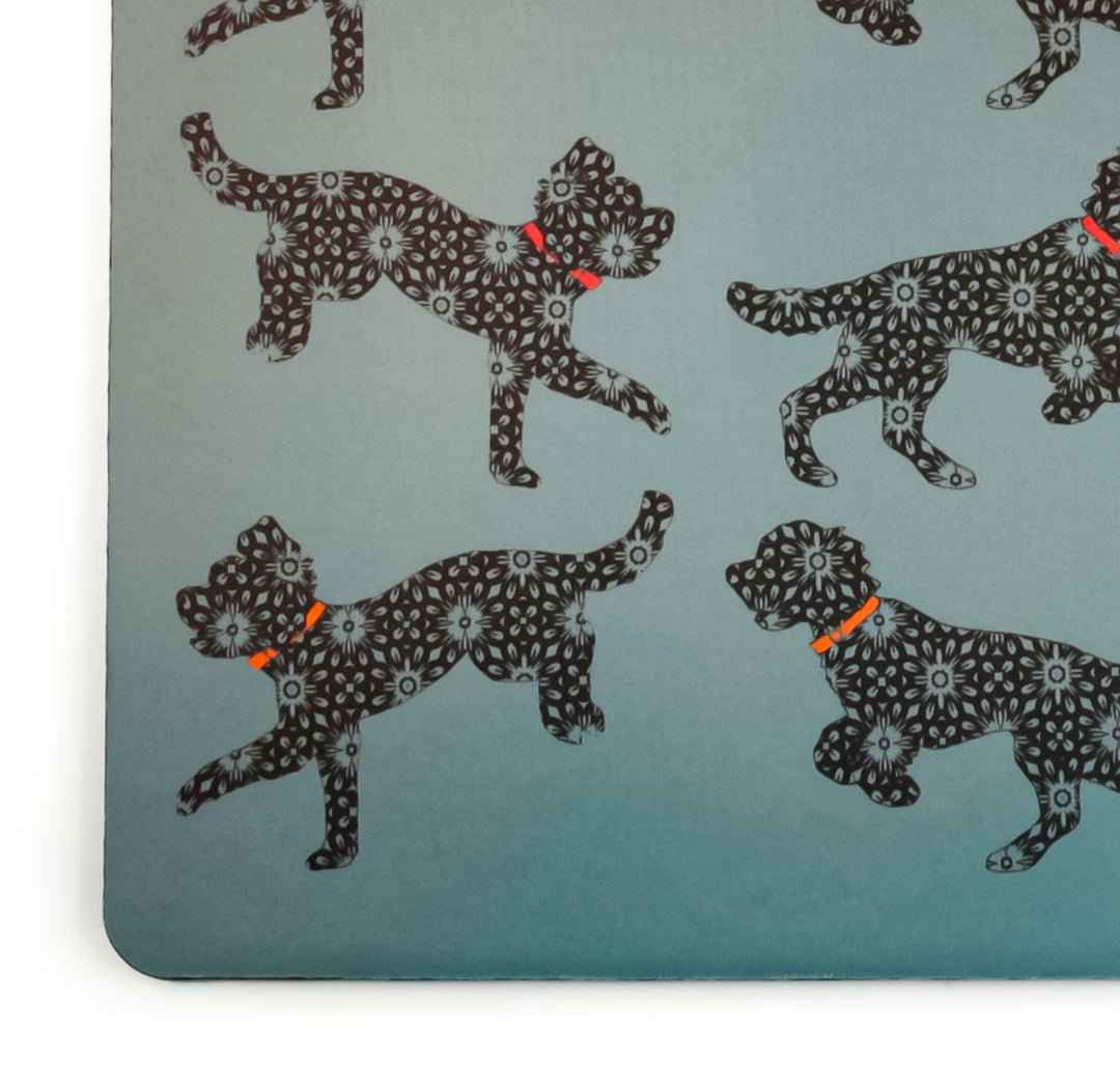 Bounding Cockapoo Pet Food Mat - Grey / Red / Orange