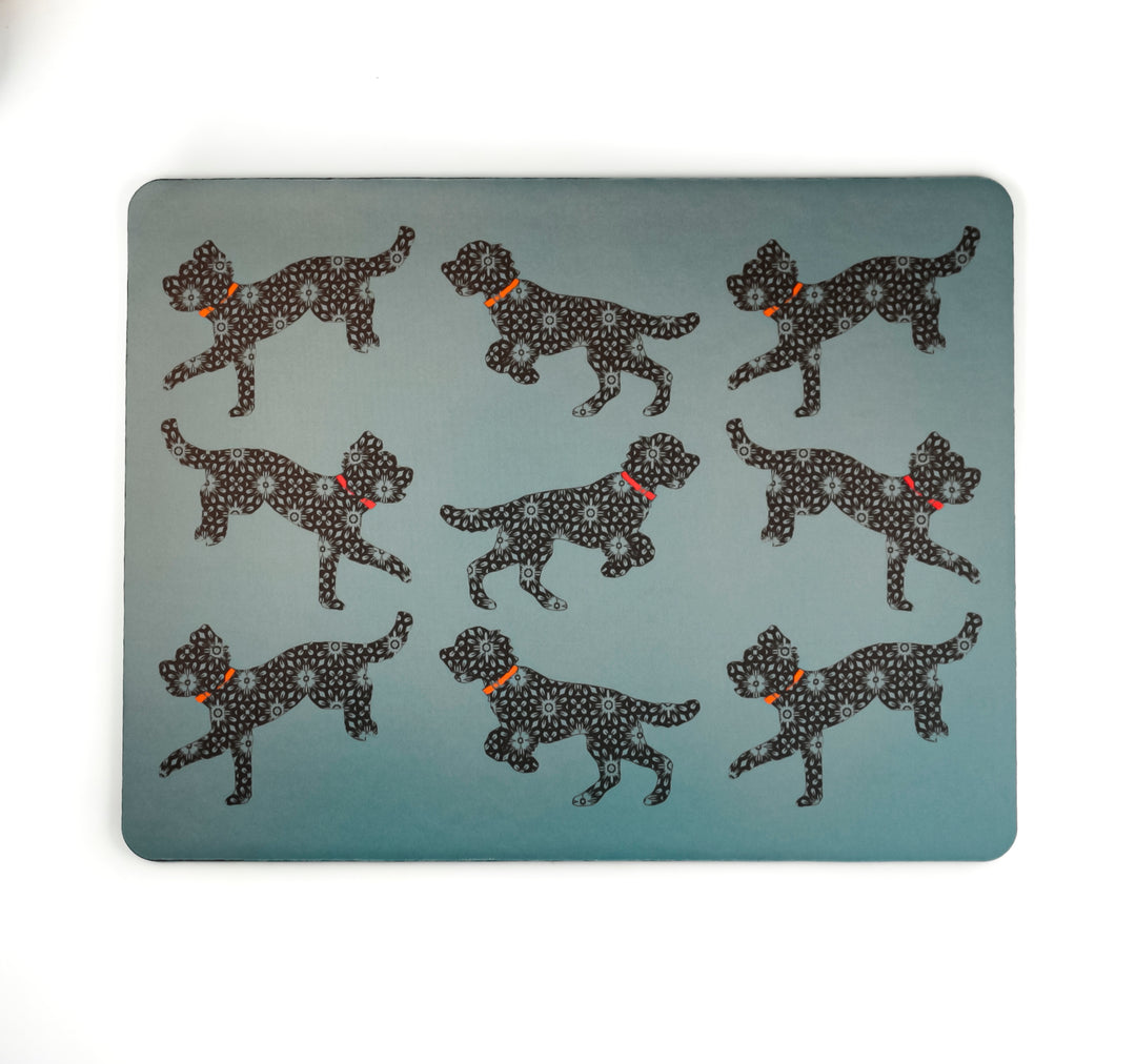 Bounding Cockapoo Pet Food Mat - Grey / Red / Orange