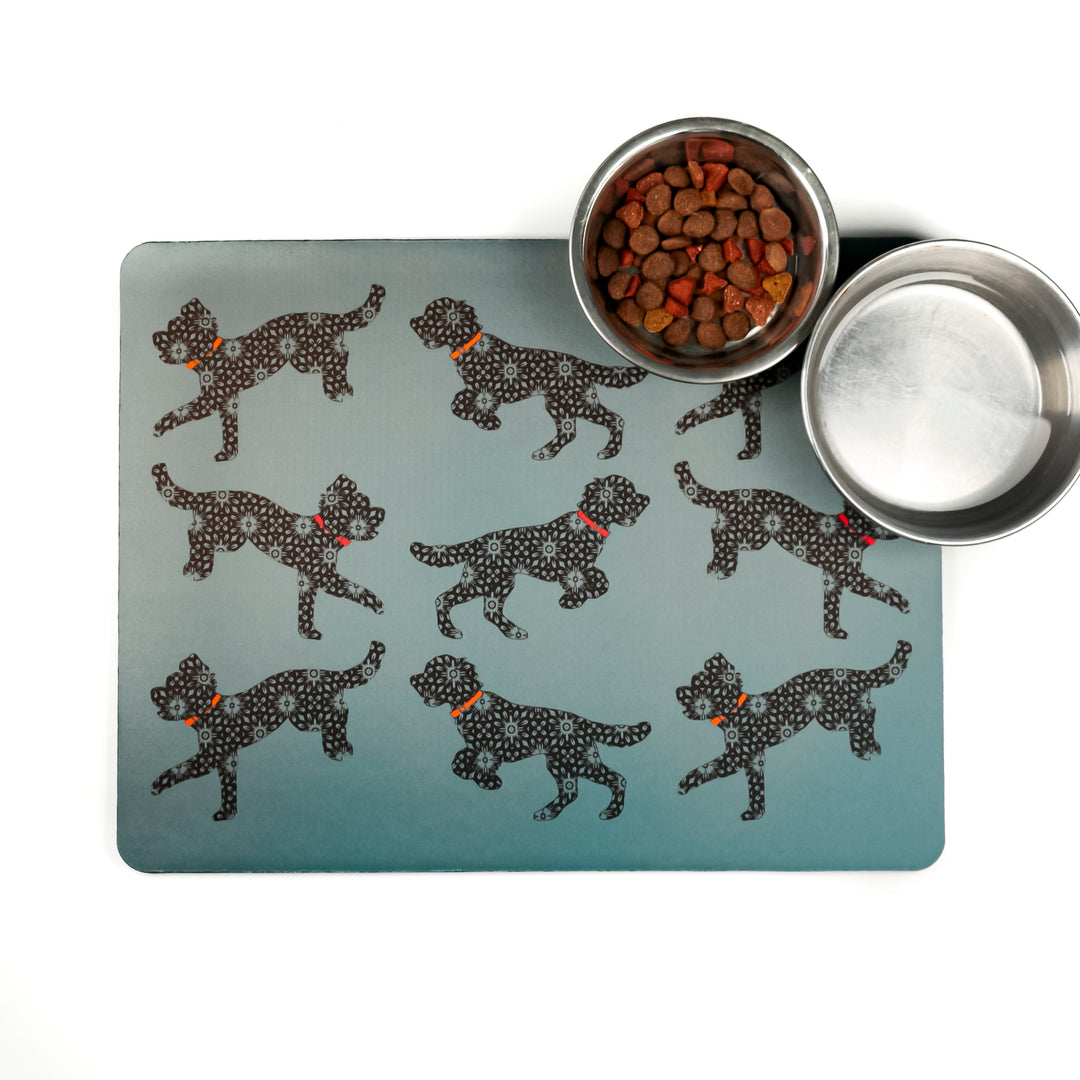 Bounding Cockapoo Pet Food Mat - Grey / Red / Orange