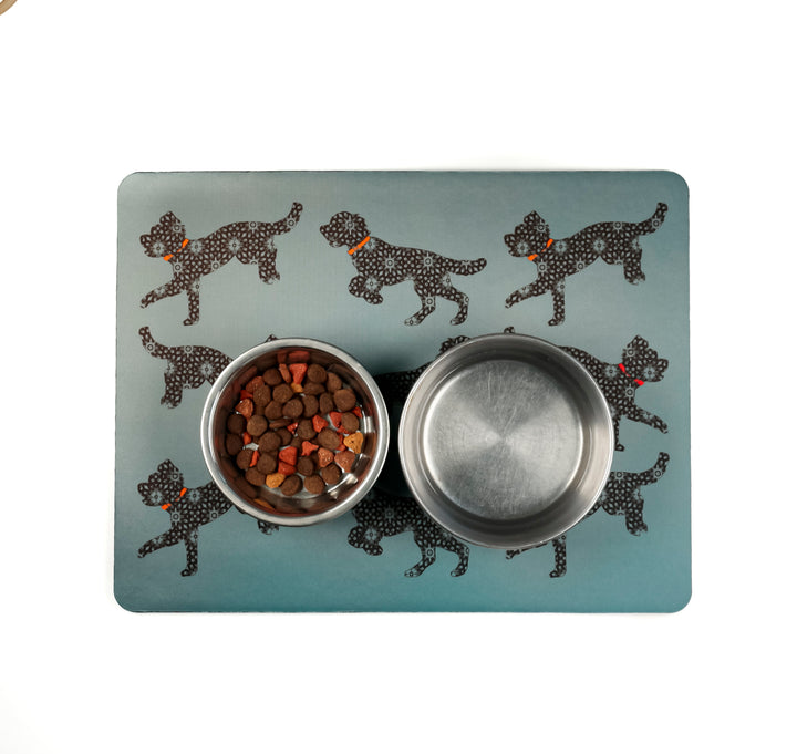 Bounding Cockapoo Pet Food Mat - Grey / Red / Orange
