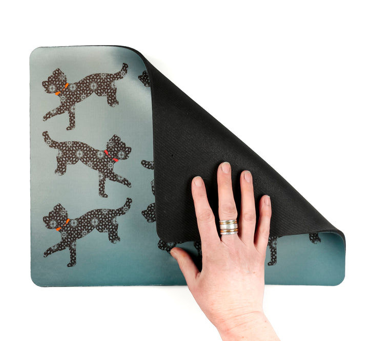 Bounding Cockapoo Pet Food Mat - Grey / Red / Orange