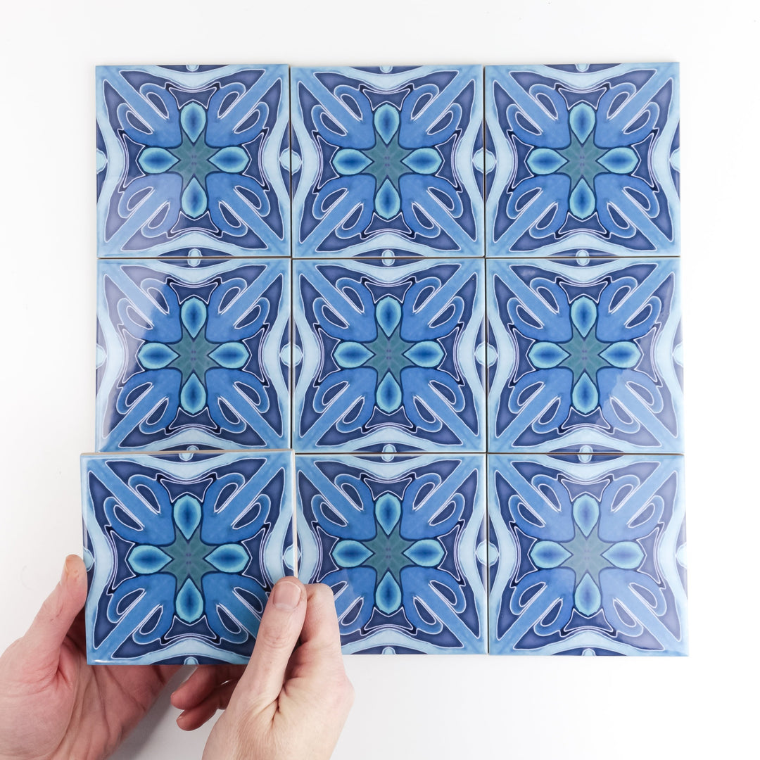 Denim Blue "Twining" handprinted tiles