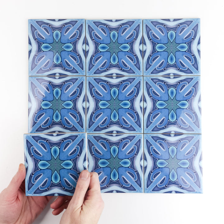 Denim Blue "Twining" handprinted tiles