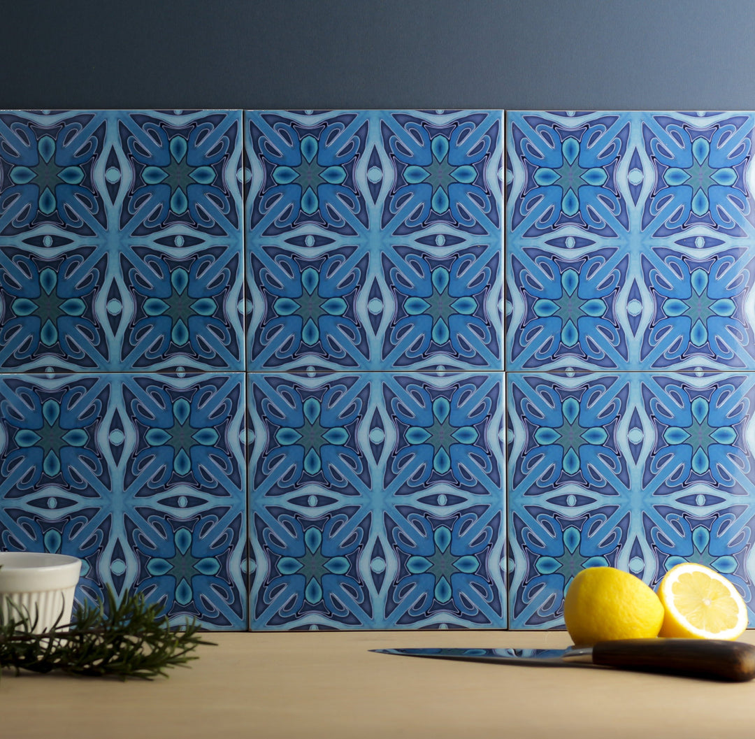 Denim Blue "Twining" handprinted tiles
