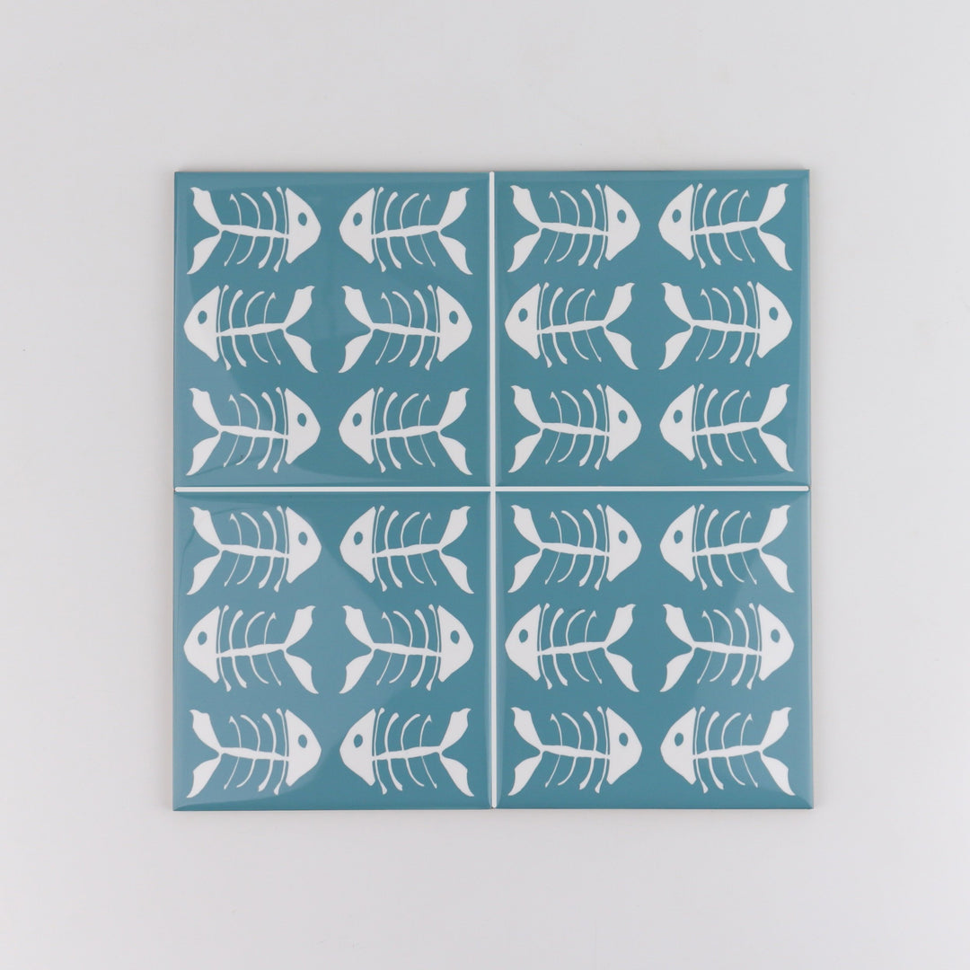 Rich blue kitchen tiles, funky bone fish design