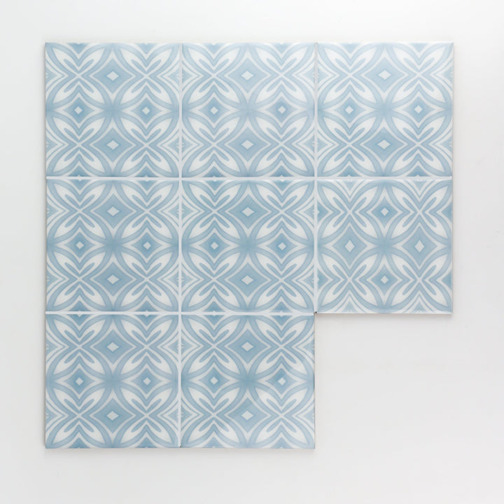 Pale blue and grey hand printed ceramic tiles