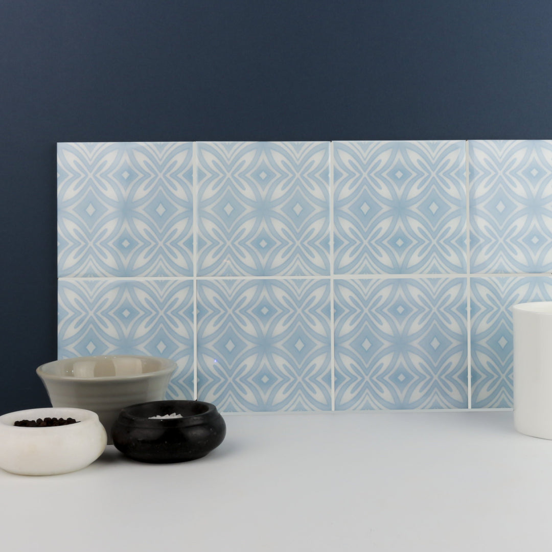 Pale blue and grey hand printed ceramic tiles