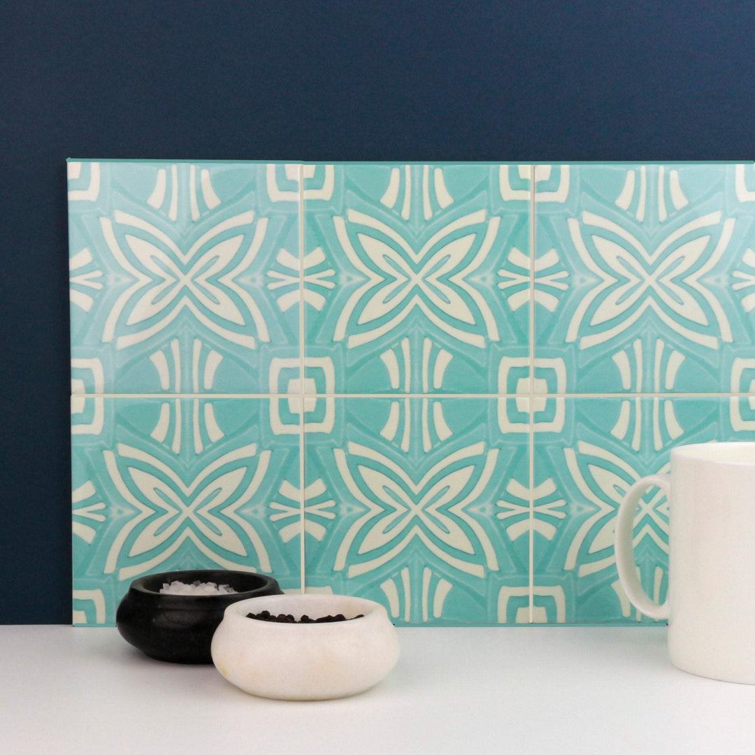 Turquoise and cream handmade kitchen tiles