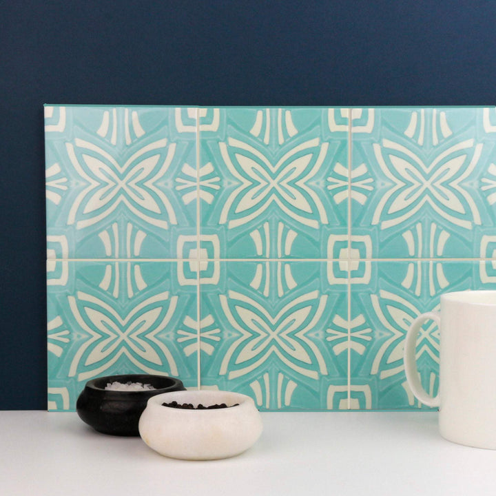 Turquoise and cream handmade kitchen tiles