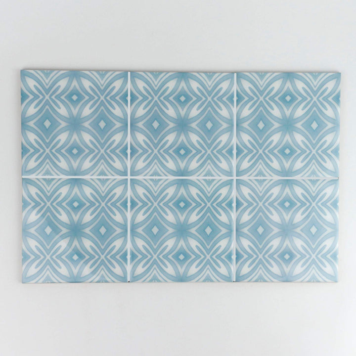Pale blue and grey hand printed ceramic tiles