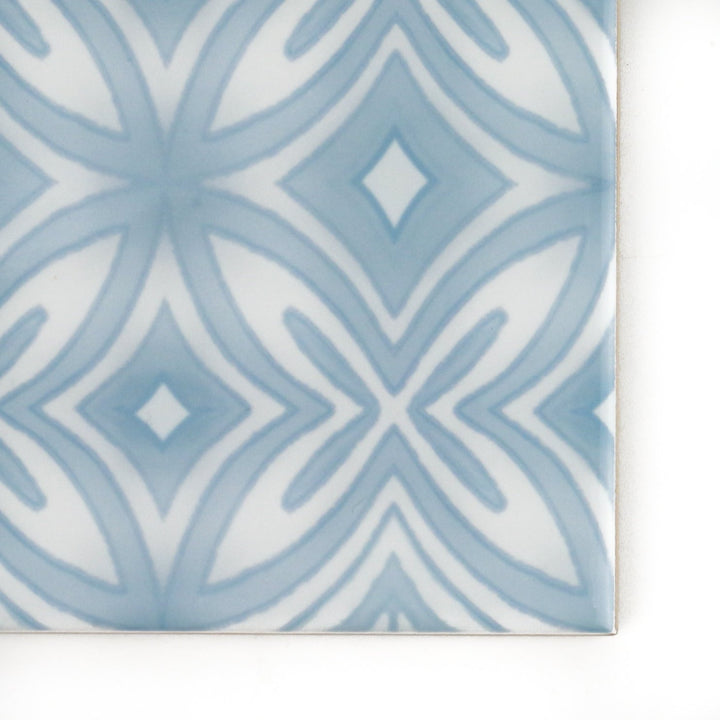Pale blue and grey hand printed ceramic tiles