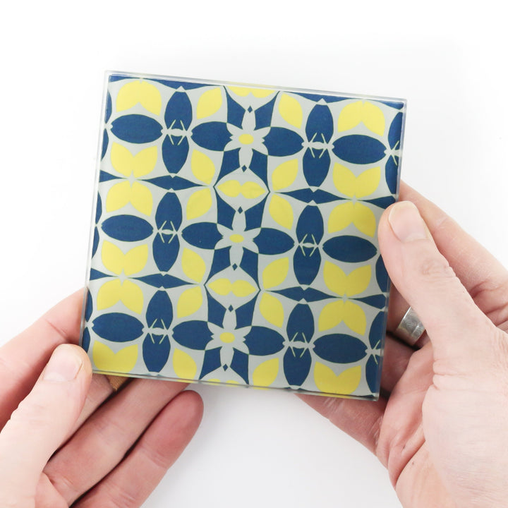 Zingy Yellow Navy Glass Coaster Set