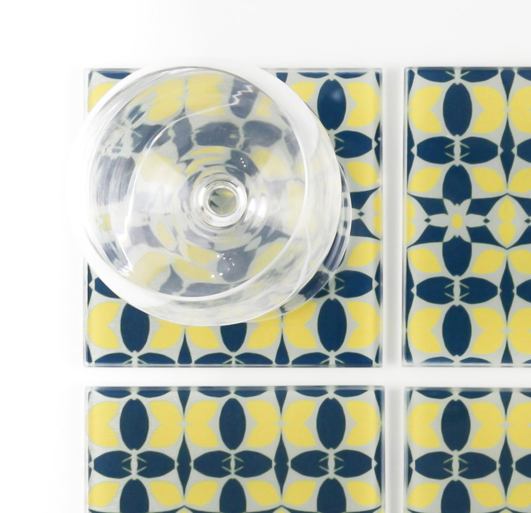 Zingy Yellow Navy Glass Coaster Set