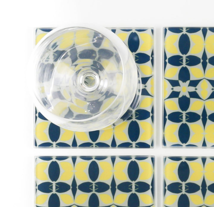 Zingy Yellow Navy Glass Coaster Set