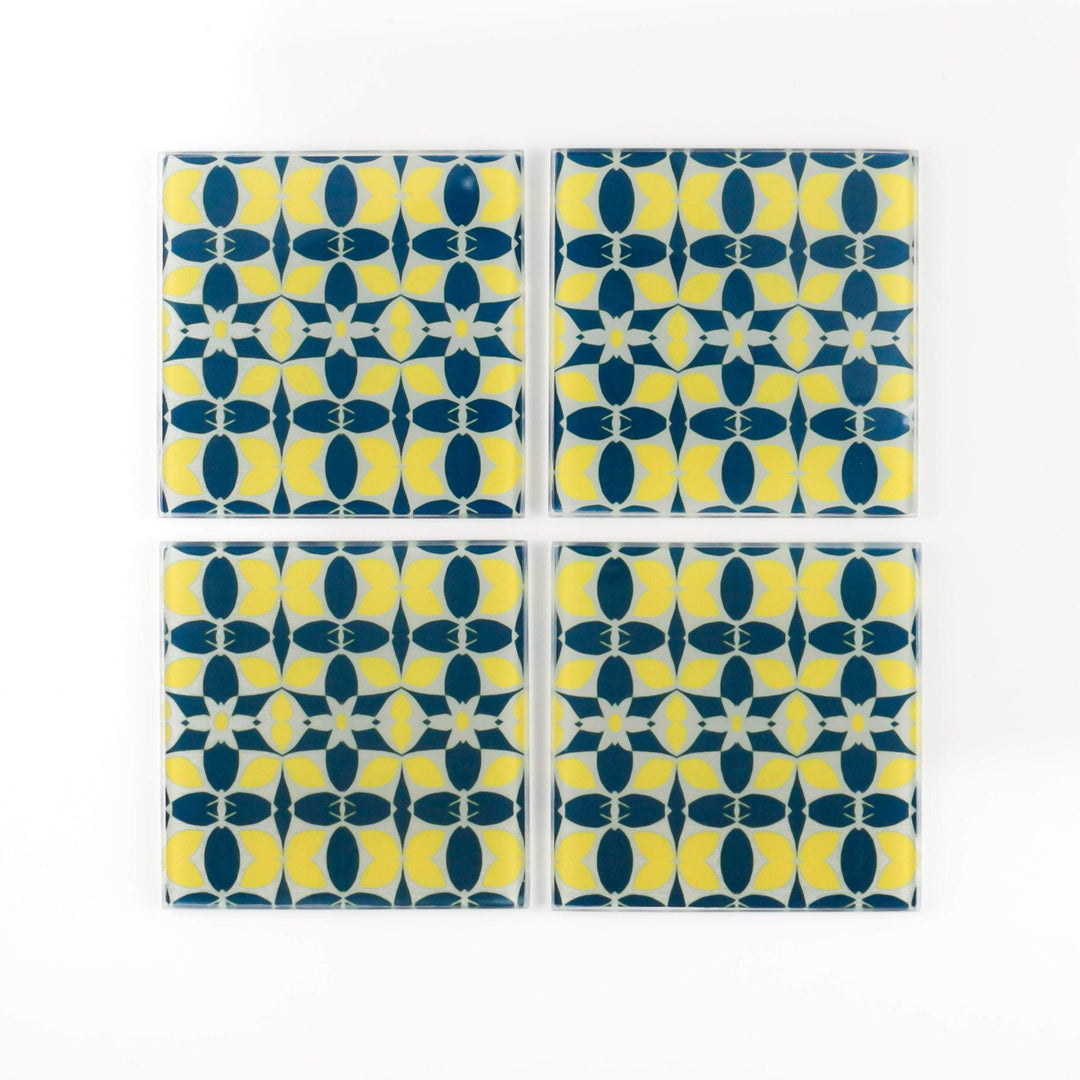 Zingy Yellow Navy Glass Coaster Set