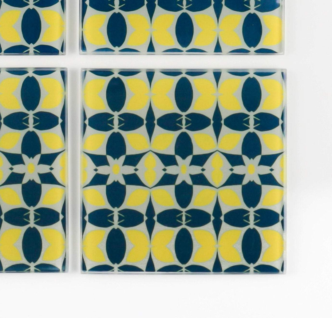 Zingy Yellow Navy Glass Coaster Set