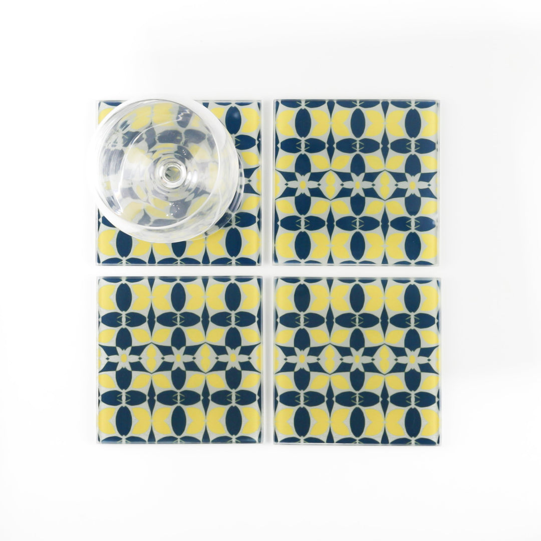 Zingy Yellow Navy Glass Coaster Set