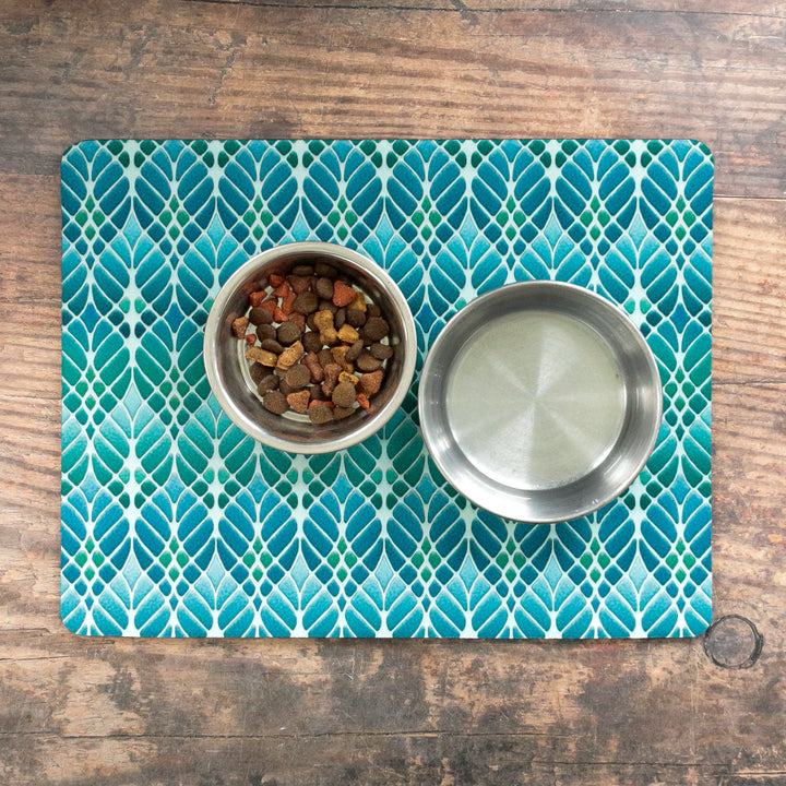 Art Nouveau Trees Pet Food Mat - Blue Turquoise