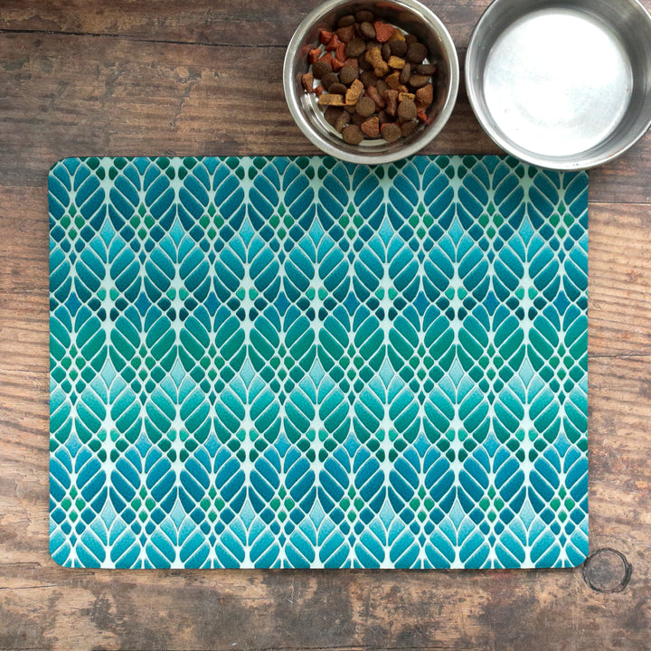 Art Nouveau Trees Pet Food Mat - Blue Turquoise