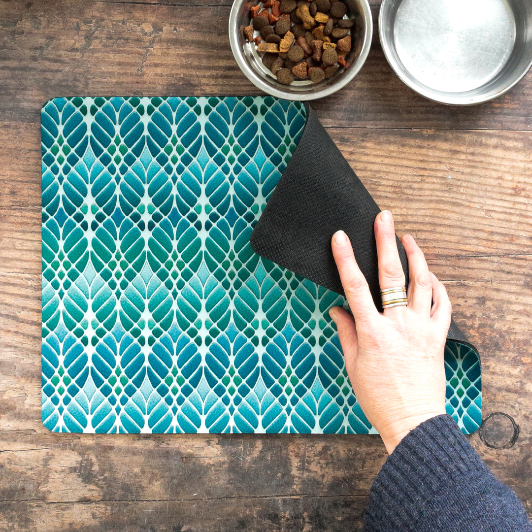 Art Nouveau Trees Pet Food Mat - Blue Turquoise