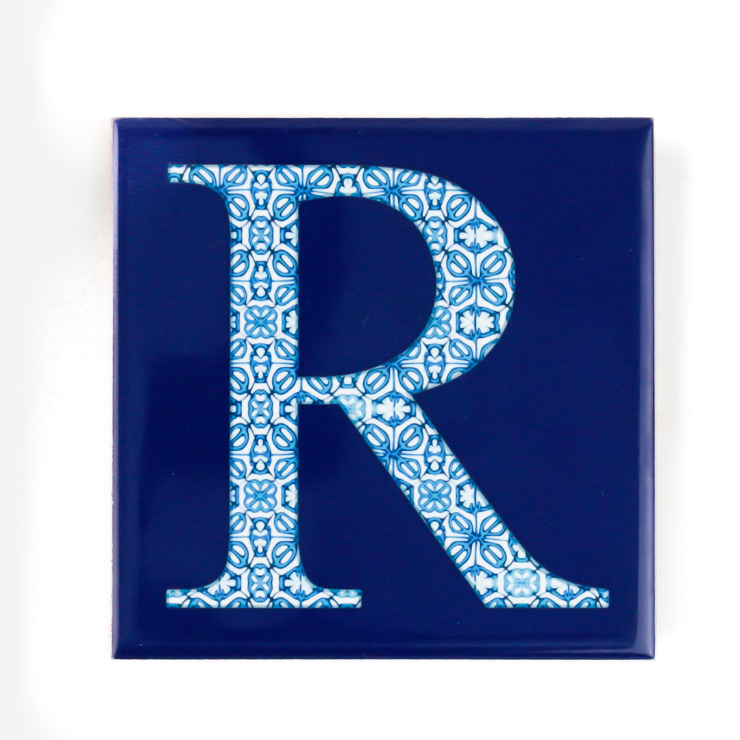 Fired Ink Ceramic Tile - Alphabet tile - Blue Turkish Flower