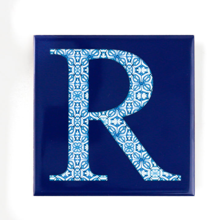 Fired Ink Ceramic Tile - Alphabet tile - Blue Turkish Flower