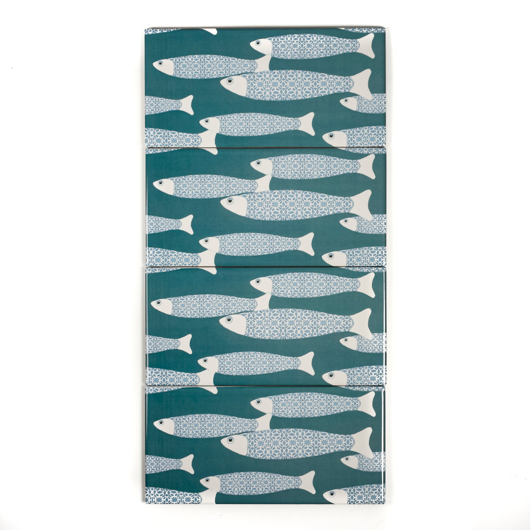 Teal Blue Ocean Shoal tiles - 20x10cm -  FIRED INK Version