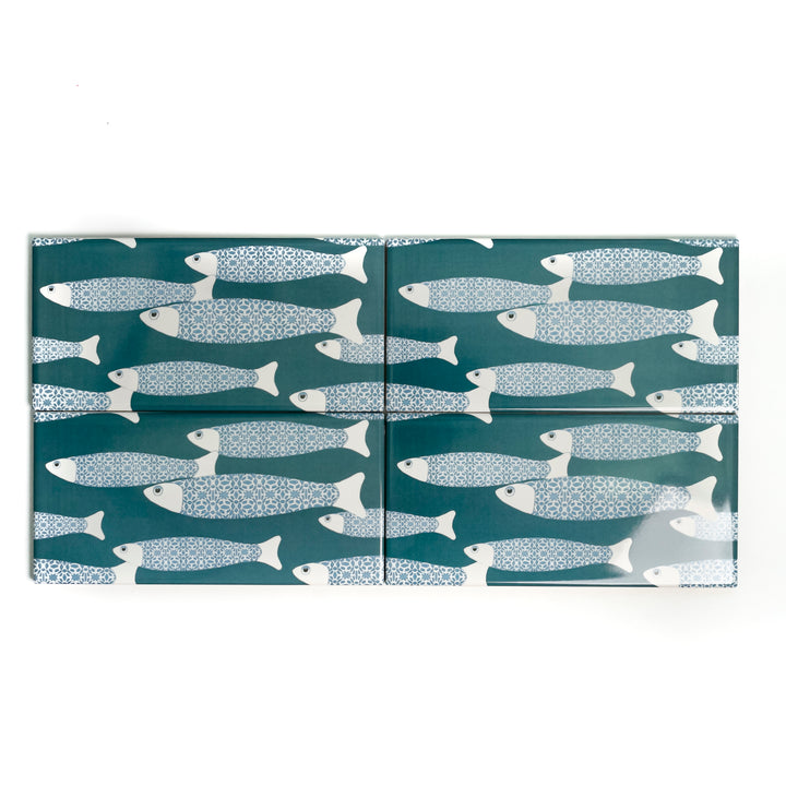 Teal Blue Ocean Shoal tiles - 20x10cm -  FIRED INK Version