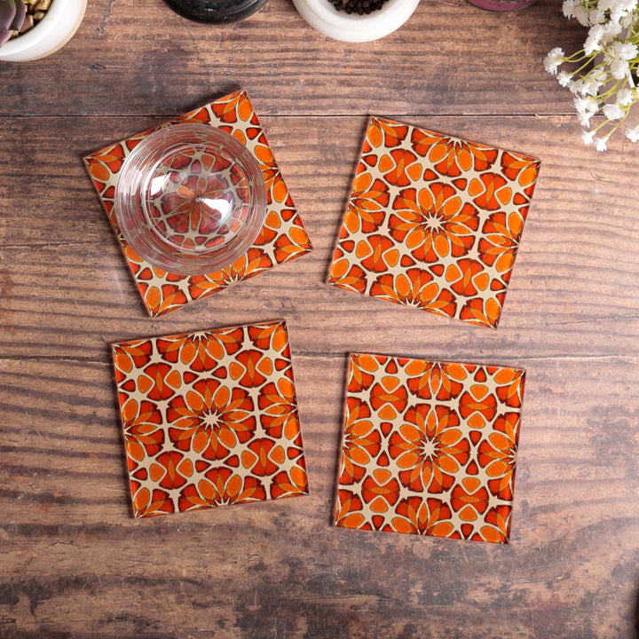 Moroccan Flower Coasters - Pink Apricot Orange - Square Glass Coaster Set