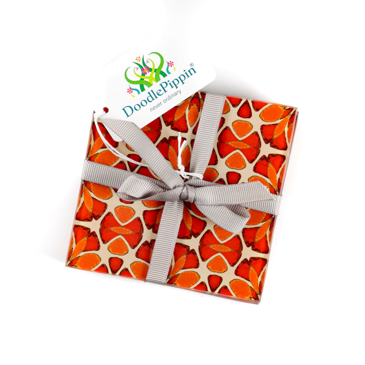 Moroccan Flower Coasters - Pink Apricot Orange - Square Glass Coaster Set