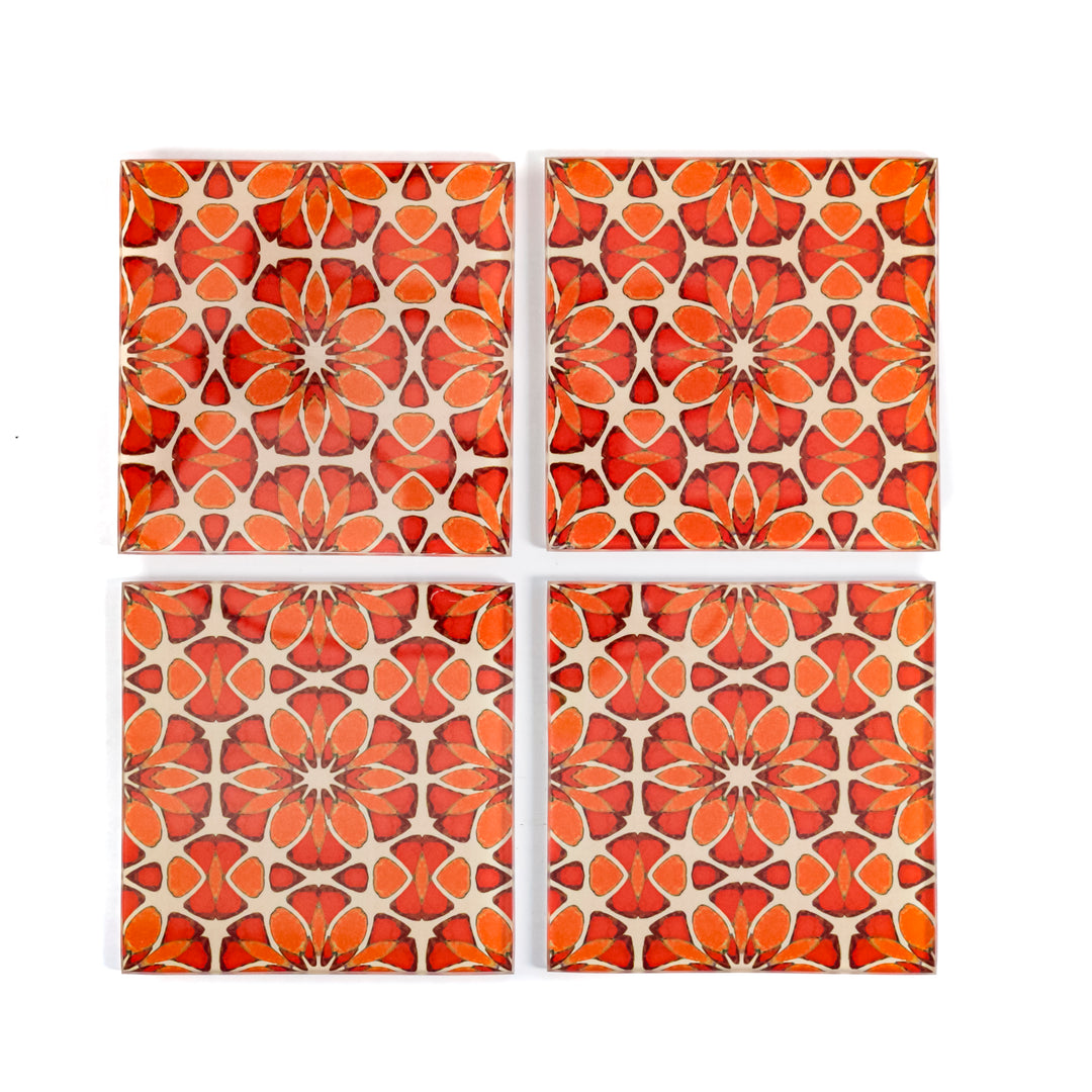 Moroccan Flower Coasters - Pink Apricot Orange - Square Glass Coaster Set