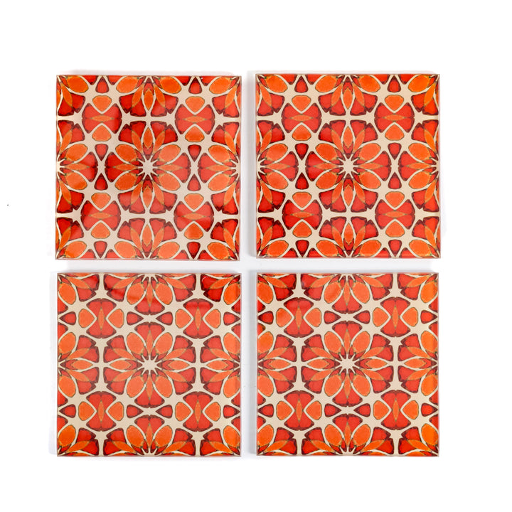Moroccan Flower Coasters - Pink Apricot Orange - Square Glass Coaster Set