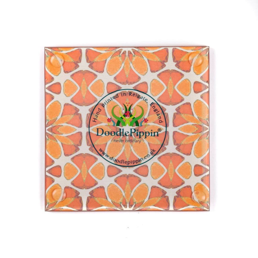Moroccan Flower Coasters - Pink Apricot Orange - Square Glass Coaster Set