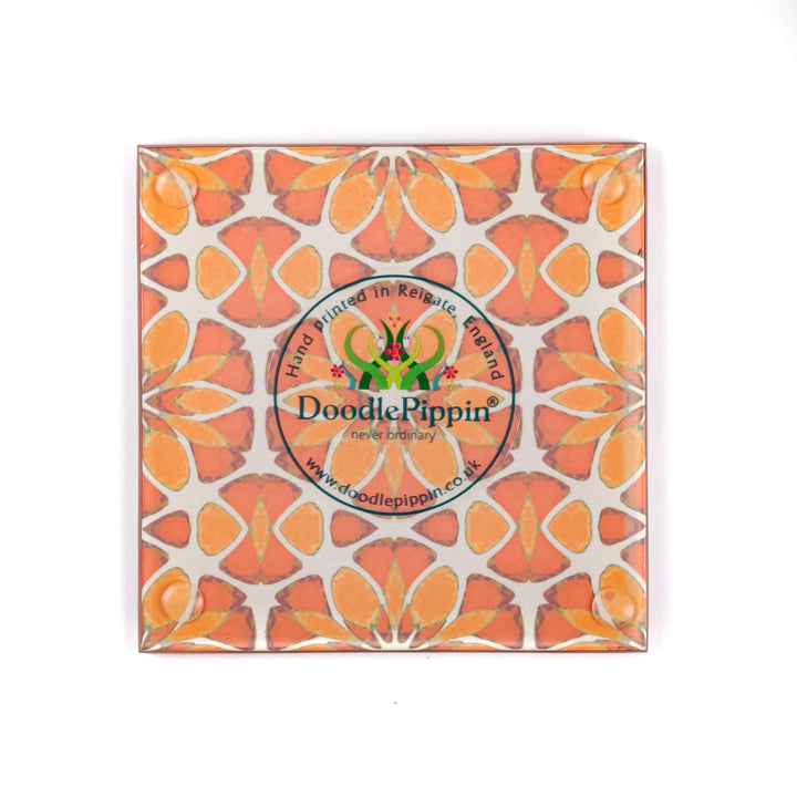 Moroccan Flower Coasters - Pink Apricot Orange - Square Glass Coaster Set