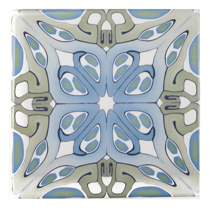 "Suzanne" muted green blue art deco tiles -  FIRED INK Version